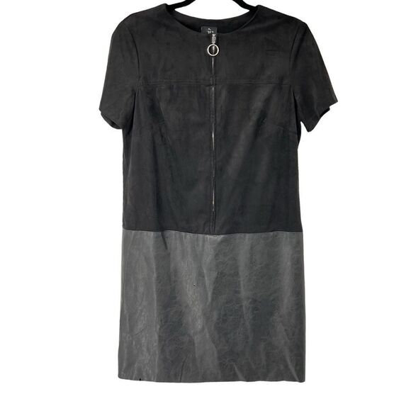 Julia Jordan Black‎ Vegan Suede & Leather Half Zipper From Short Sleeve Dress - Picture 1 of 7